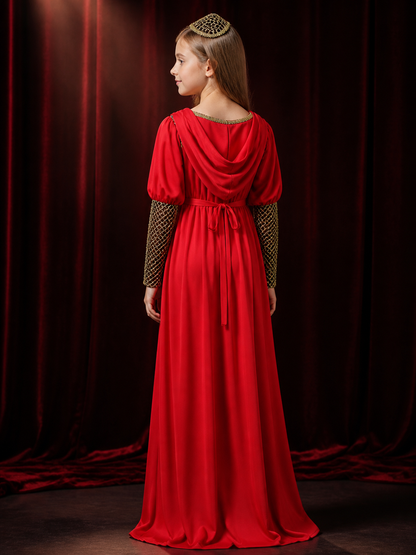 Red Princess Costume Dress with Black Gold Pattern and Headpiece, Long Sleeve