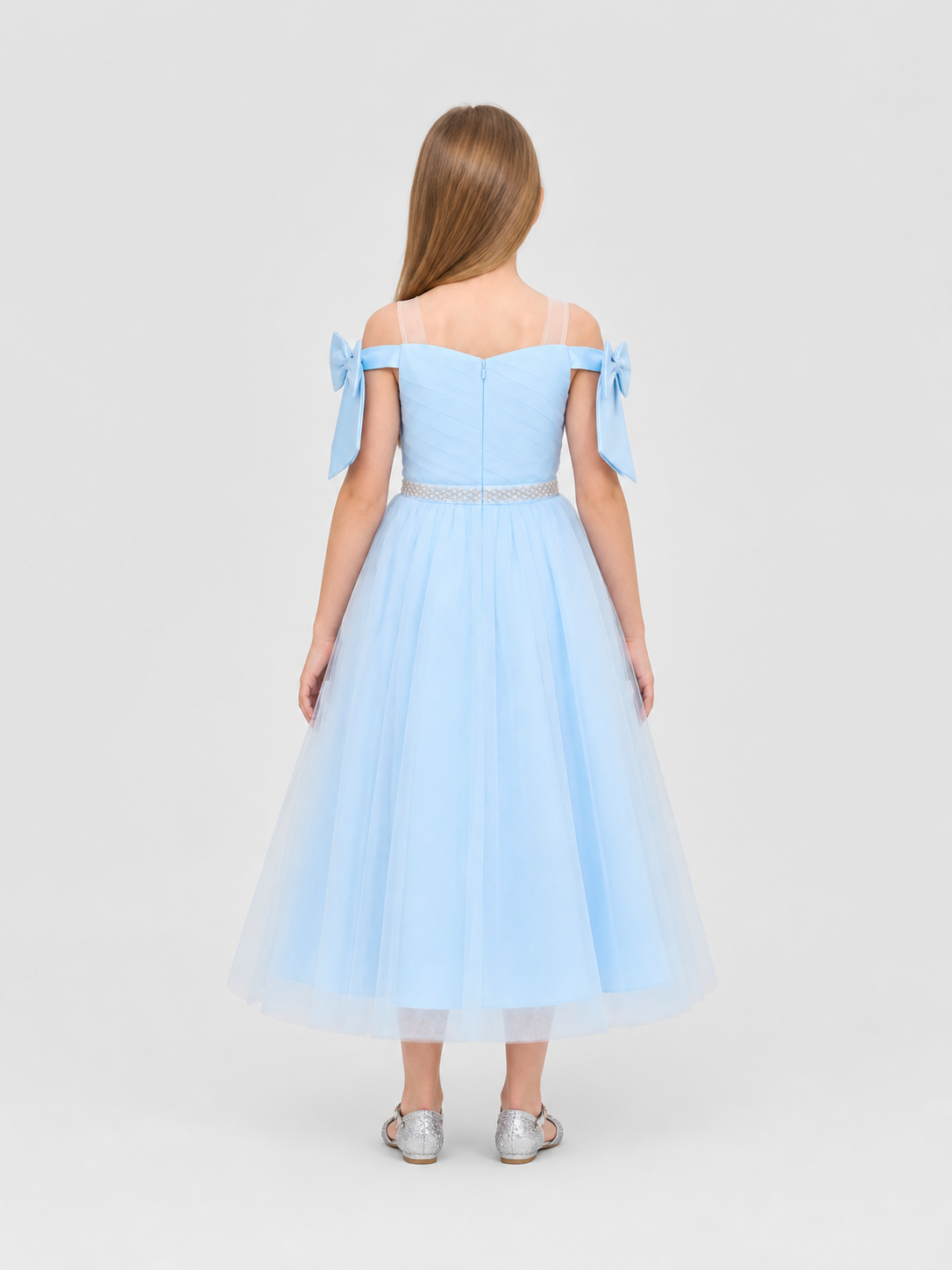 Light Blue Girls' Party Dress with Bow and Full Skirt back view