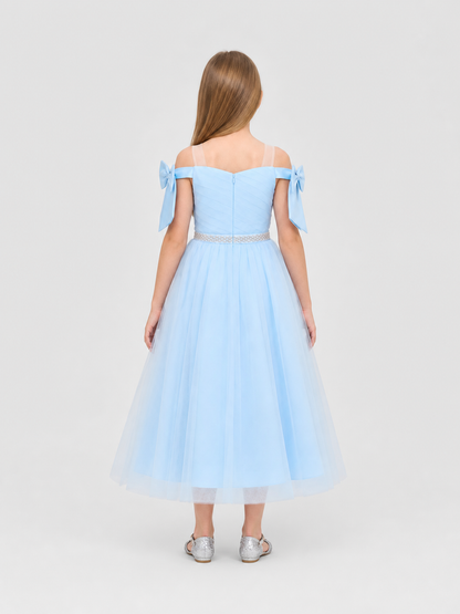 Light Blue Girls' Party Dress with Bow and Full Skirt back view