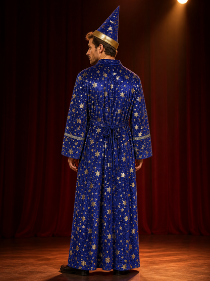 Blue Wizard Robe and Hat Costume Set with Gold Star Moon Print and Silver Trim back view