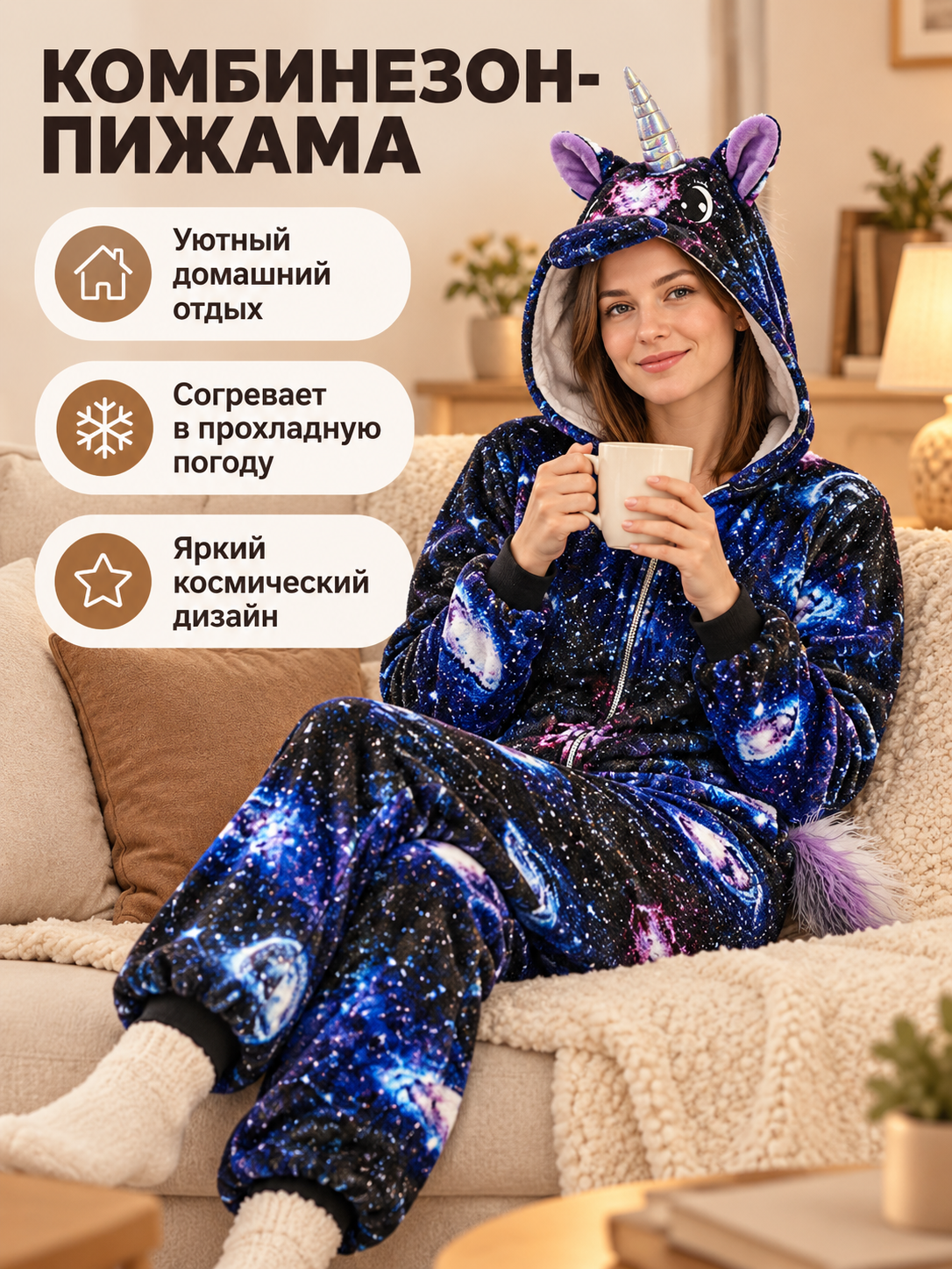 Flannel Pajama Jumpsuit with Space Print