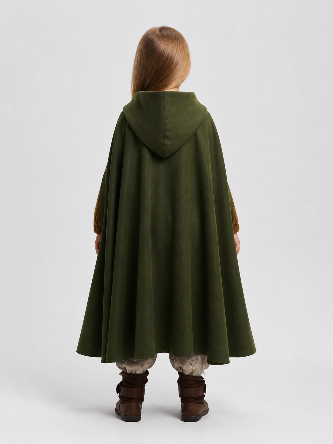 Long hooded cloak cape, dark green, children's back view