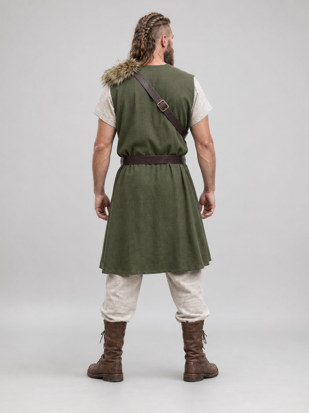 Sleeveless olive tunic with belt