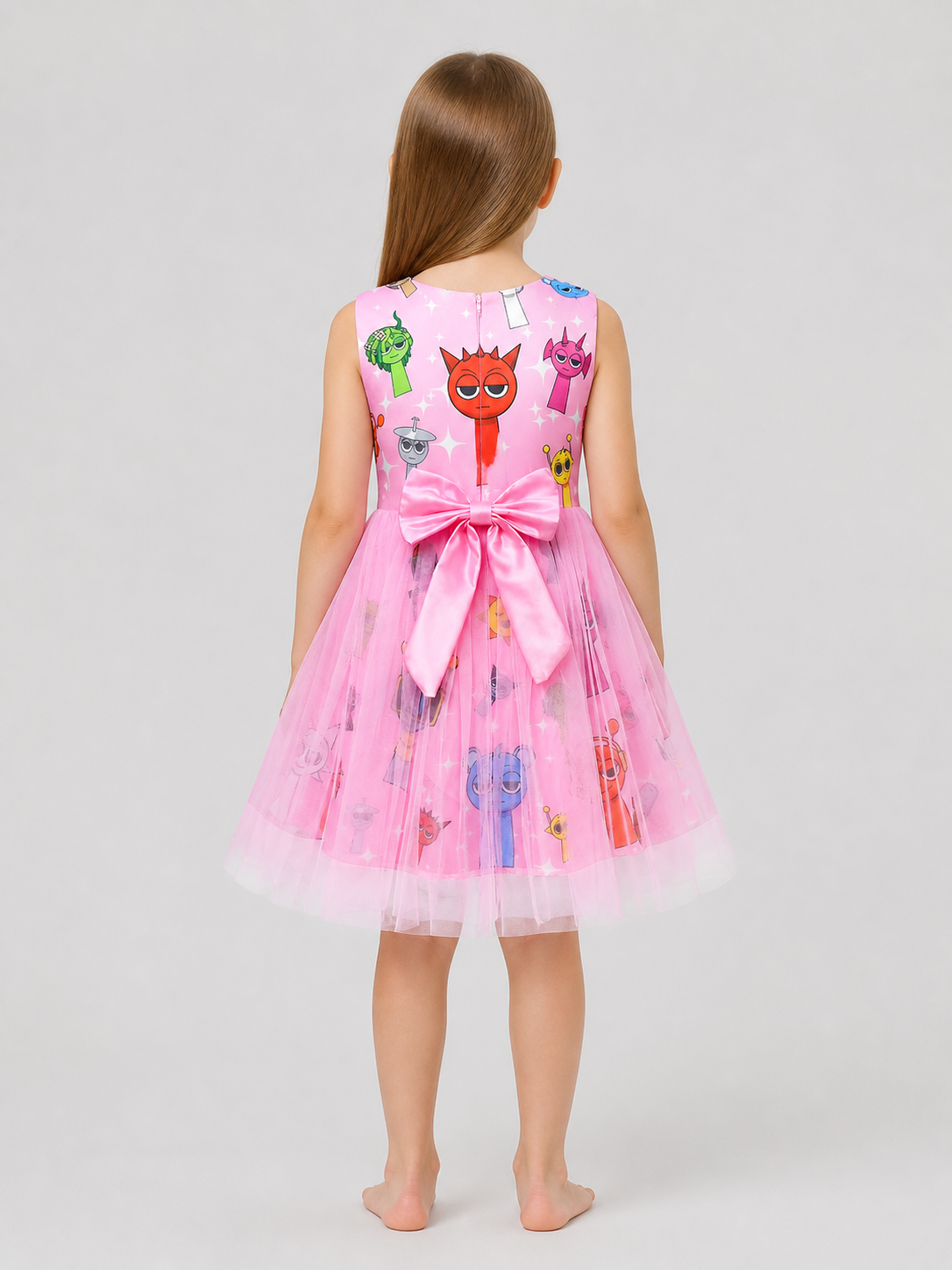 Girls' Puffy Tutu Dress with Cartoon Print and Pink Bow back view