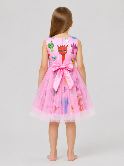 Girls' Puffy Tutu Dress with Cartoon Print and Pink Bow back view