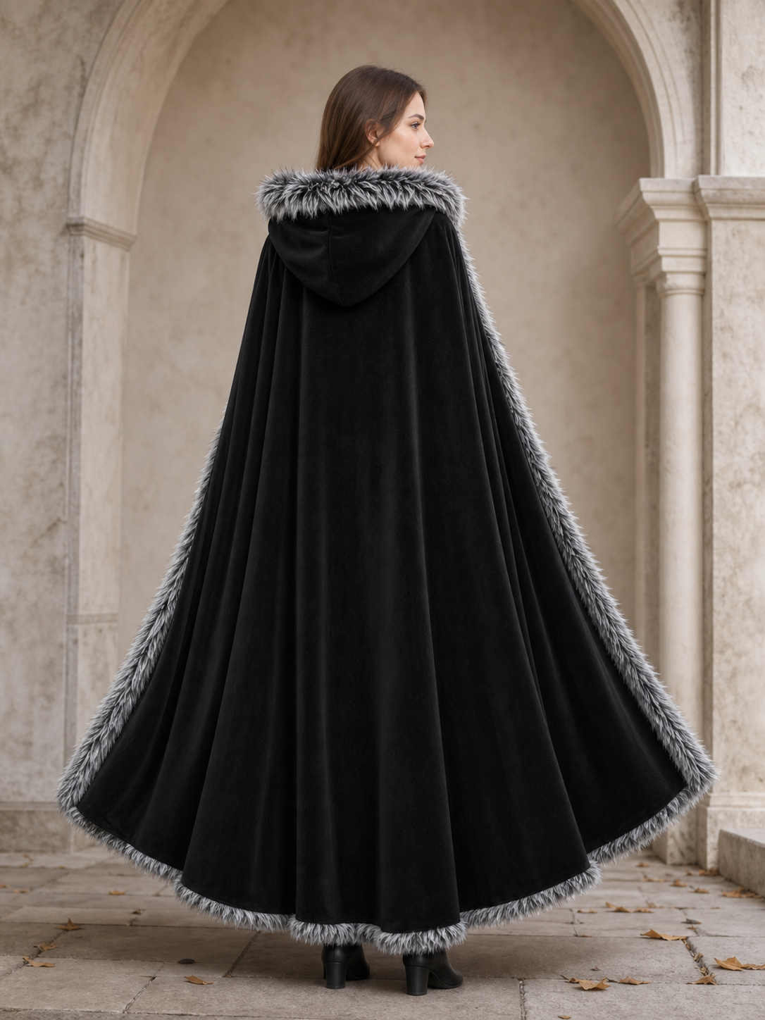 Black carnival cape with hood and shaggy trim