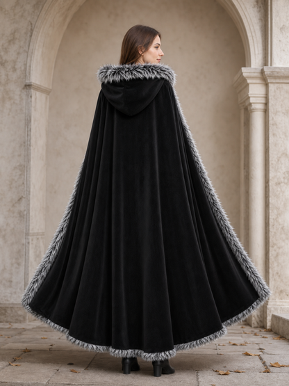 Black carnival cape with hood and shaggy trim