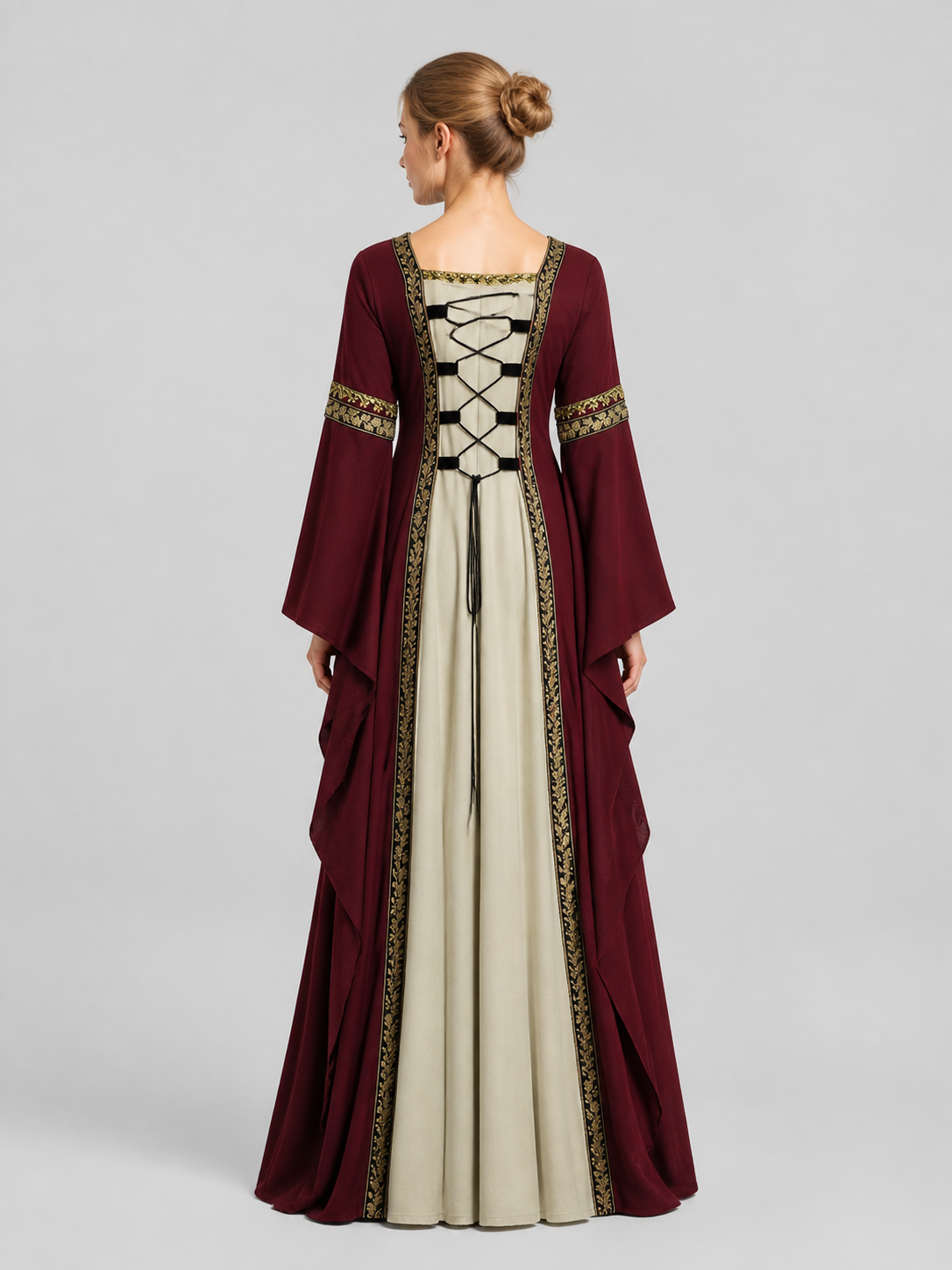 Long Medieval Dress with Flared Sleeves back view