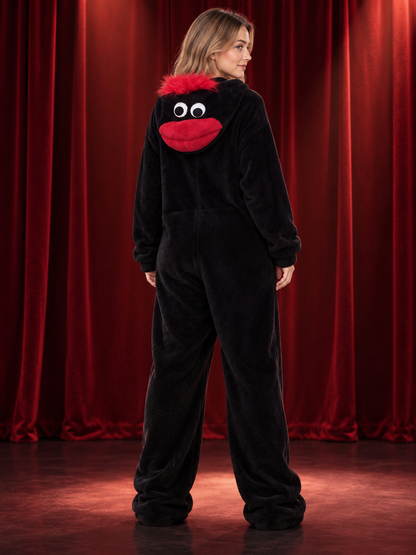 Black one-piece pajama with red pile and appliqué