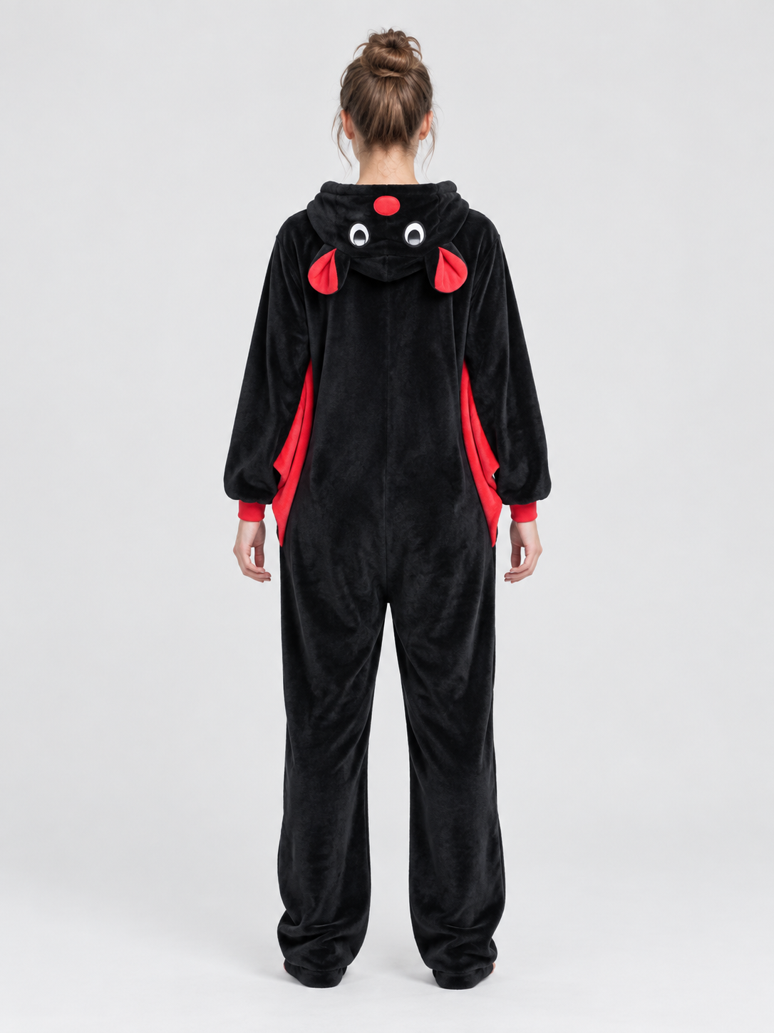 Black Hooded Pajama Jumpsuit with Appliqués