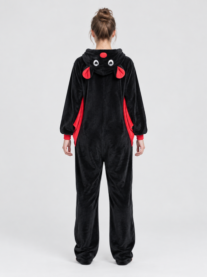Black Hooded Pajama Jumpsuit with Appliqués