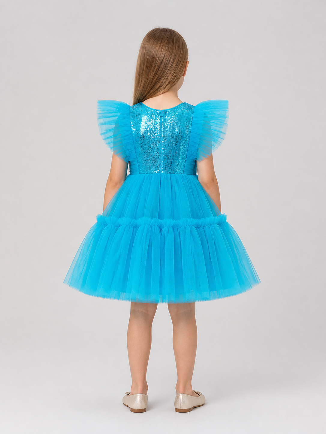 Full Sequin Dress with a Layered Tulle Skirt back view