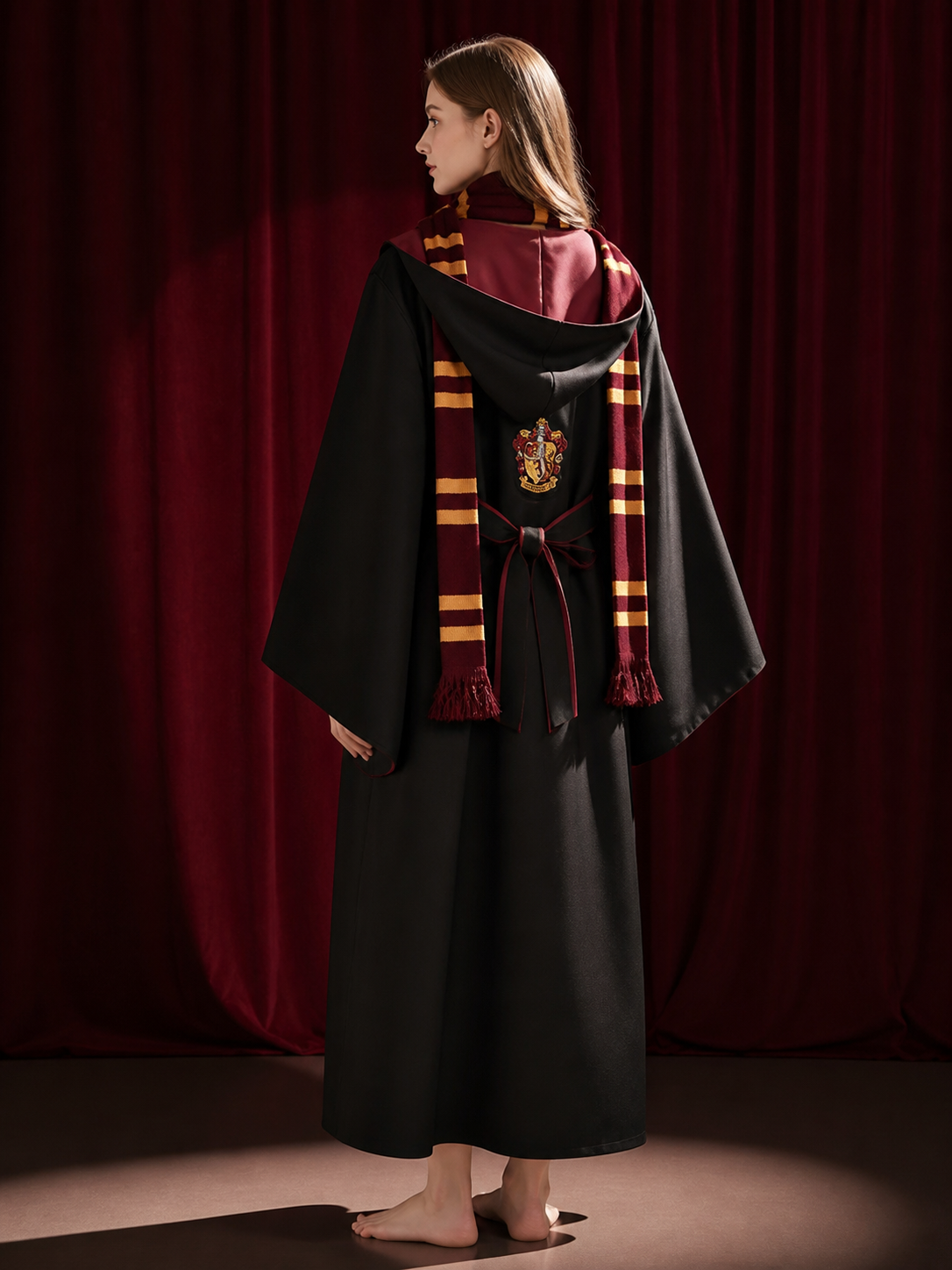 Halloween Wizard Robe Costume Set with Red and Gold Striped Scarf, Black Cloak back view