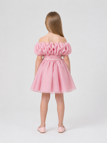 Girls' Tutu Dress with a Full Skirt and Pearl Waist Belt back view