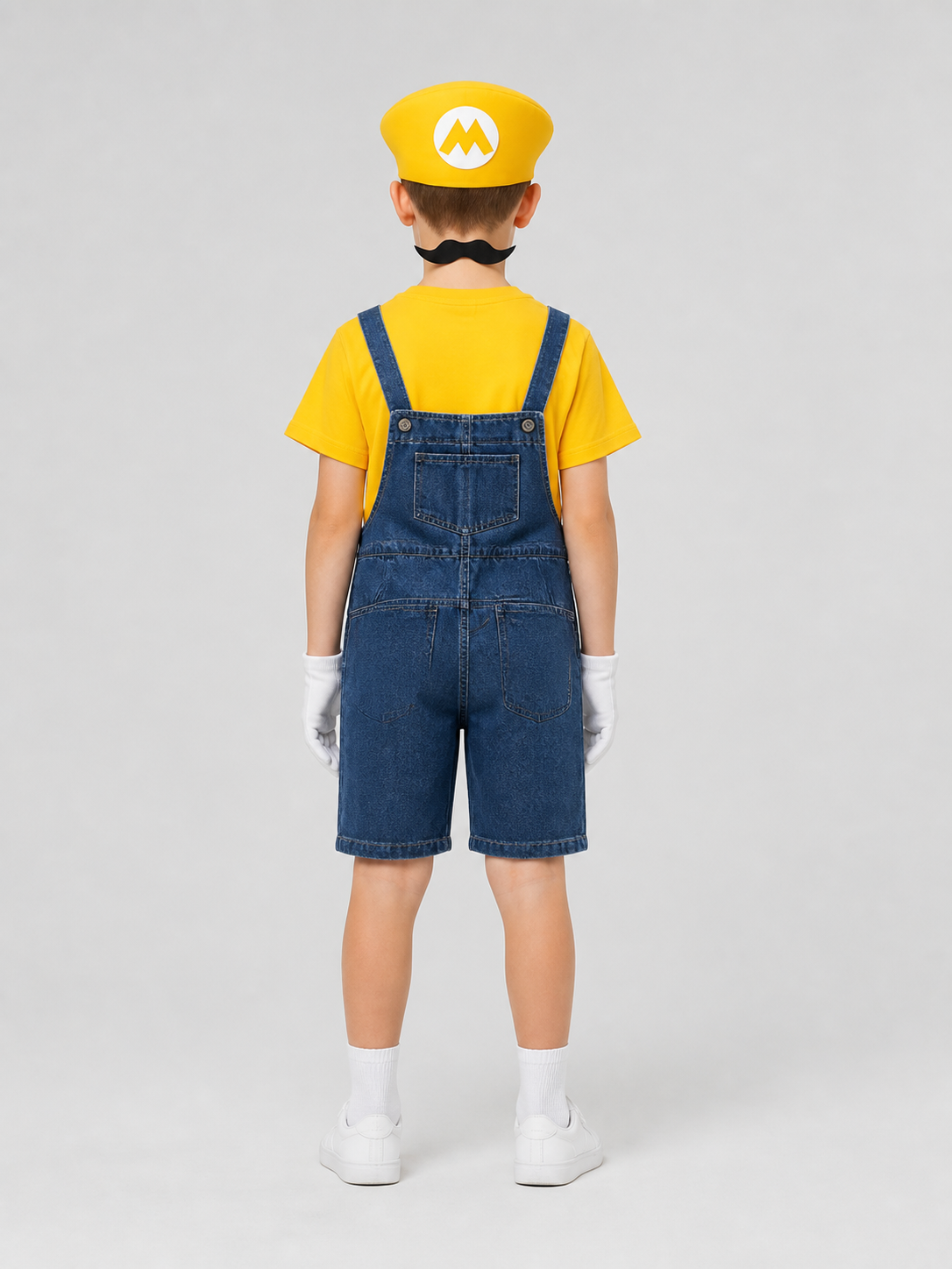 Mario Costume: T-Shirt, Shorts, Hat, and Mustache back view