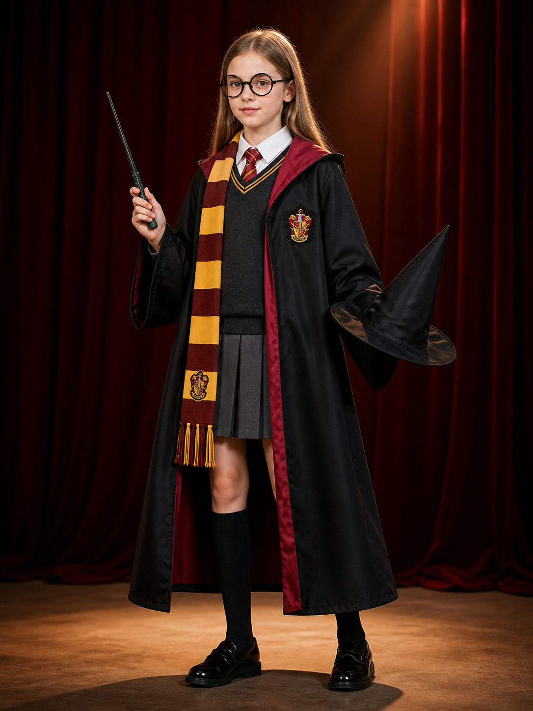 Wizard Robe Costume Set, Academy-Style Hooded Cloak With Hat, Tie, Scarf, Wand & back view