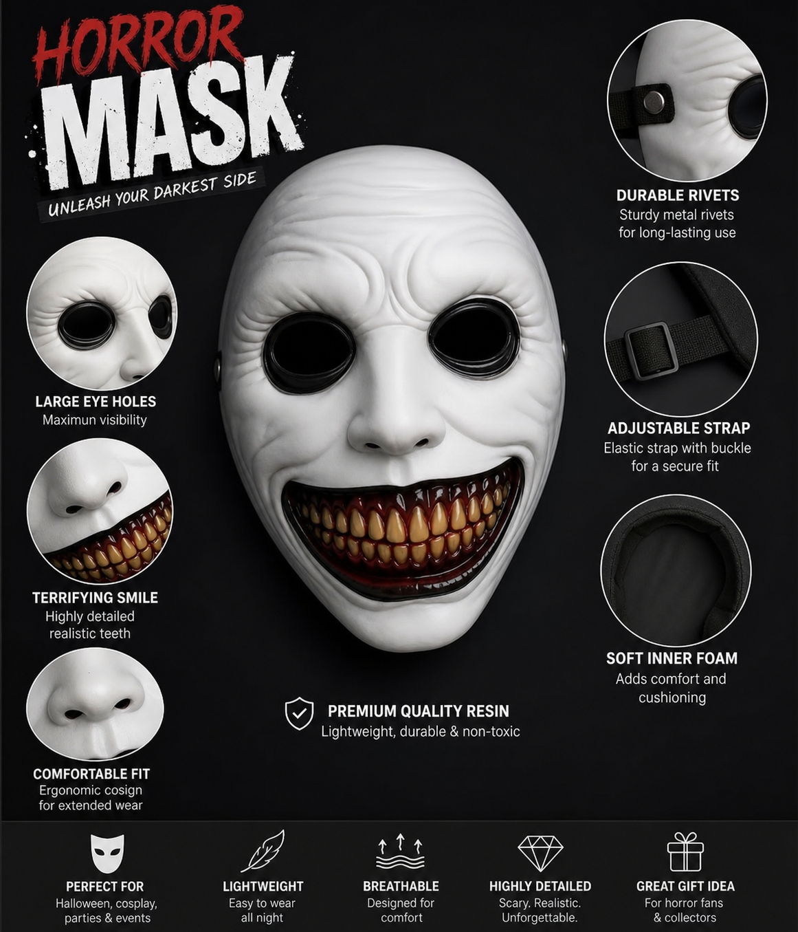 1pc Halloween Grinning Horror Face Mask, Full Face Creepy Costume Style