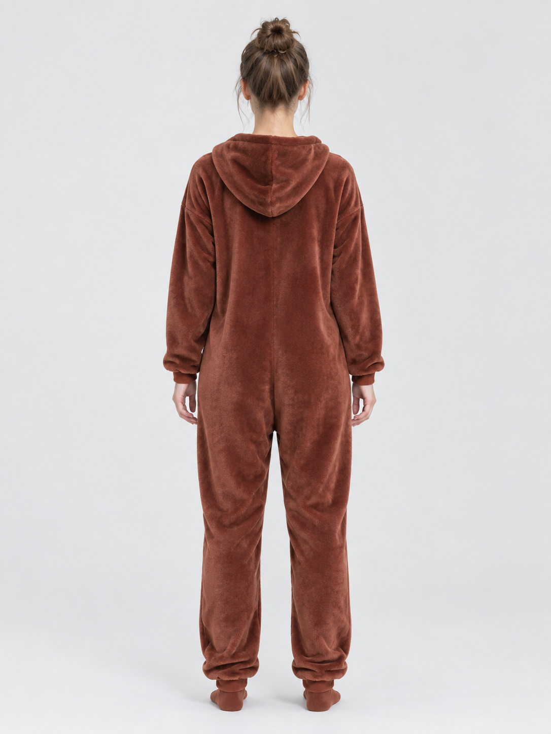 Brown Hooded Flannel Pajama Jumpsuit
