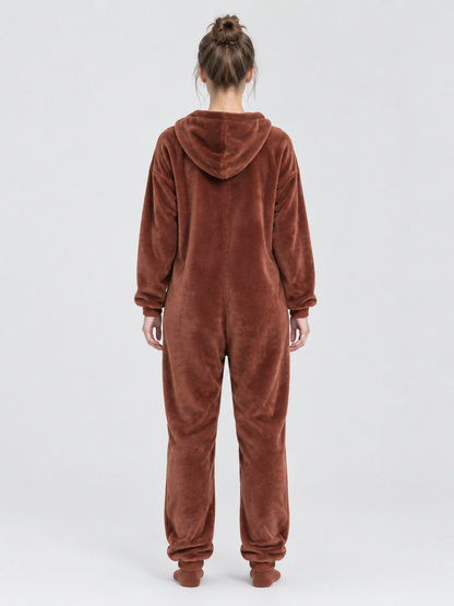 Brown Hooded Flannel Pajama Jumpsuit