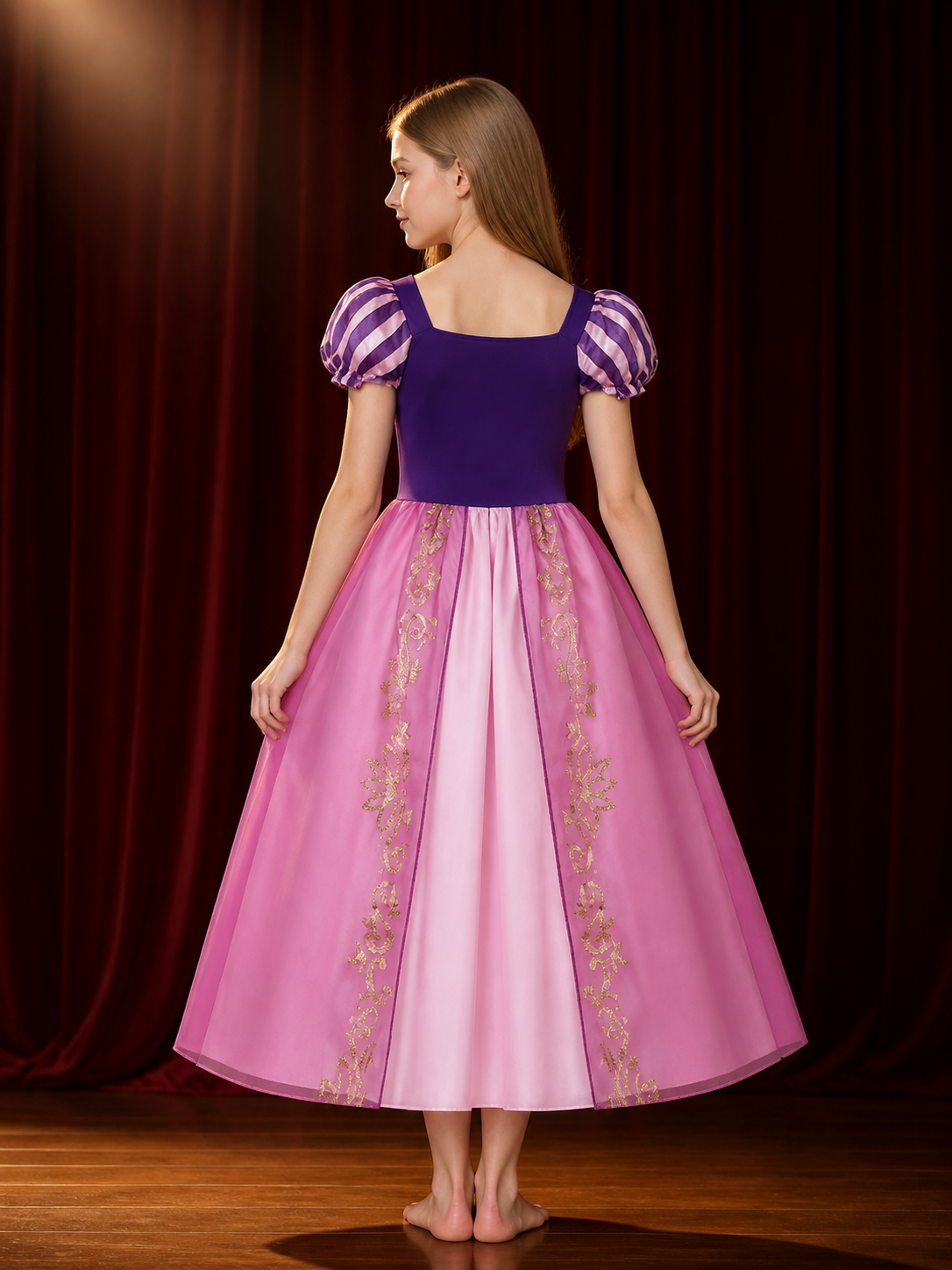 Girls Princess Costume Dress, Purple Pink Puffy Sleeve Halloween Outfit back view