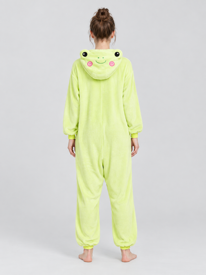 Hooded One-Piece Pajamas with Face Detail, Light Green