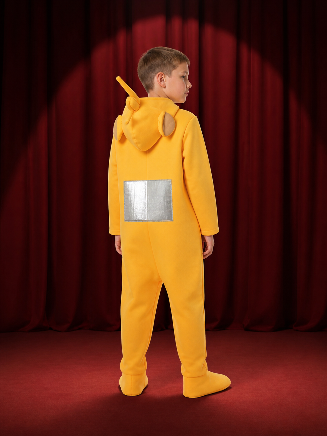 Adult Yellow Cartoon Character Footed Onesie Costume with Antenna and Silver back view