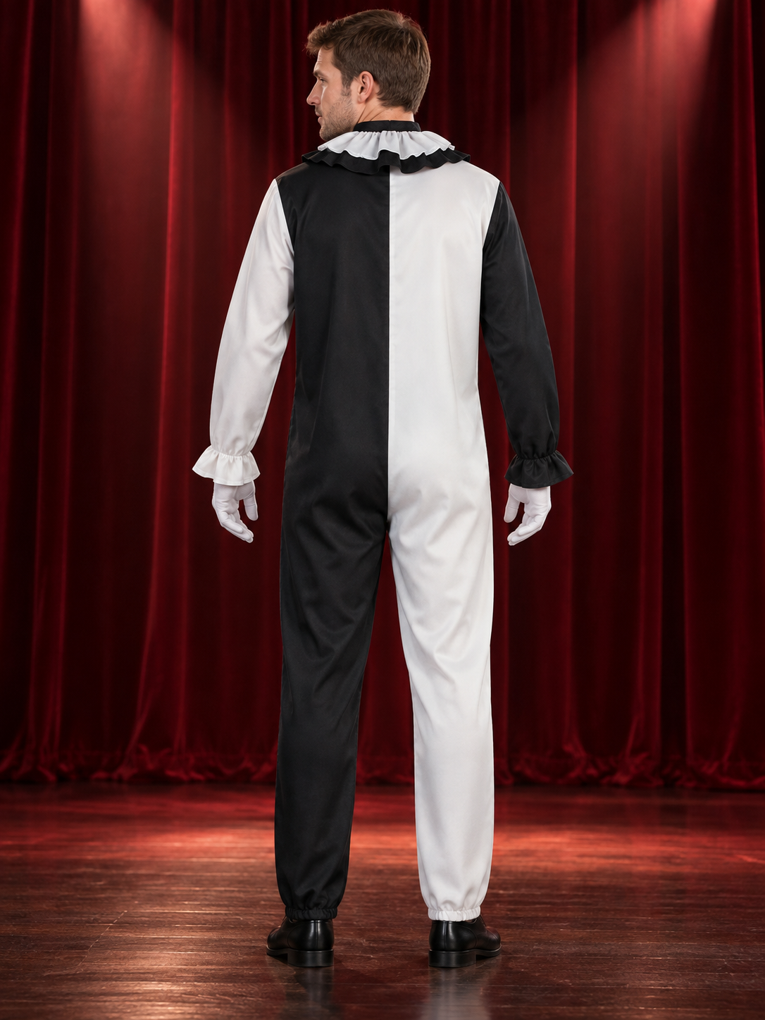 Black and White Clown Costume for Cosplay with Ruffle Collar