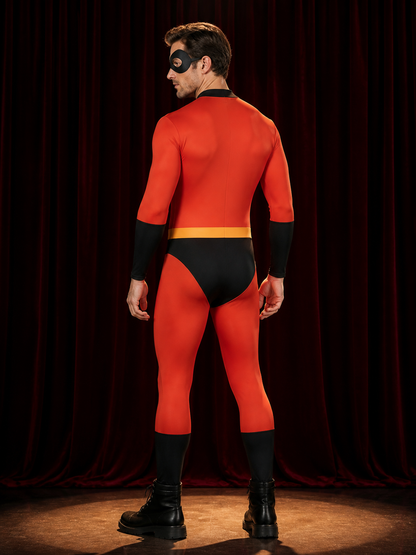 Kids Superhero Costume Jumpsuit - Red Black Bodysuit with Eye Mask and Yellow back view