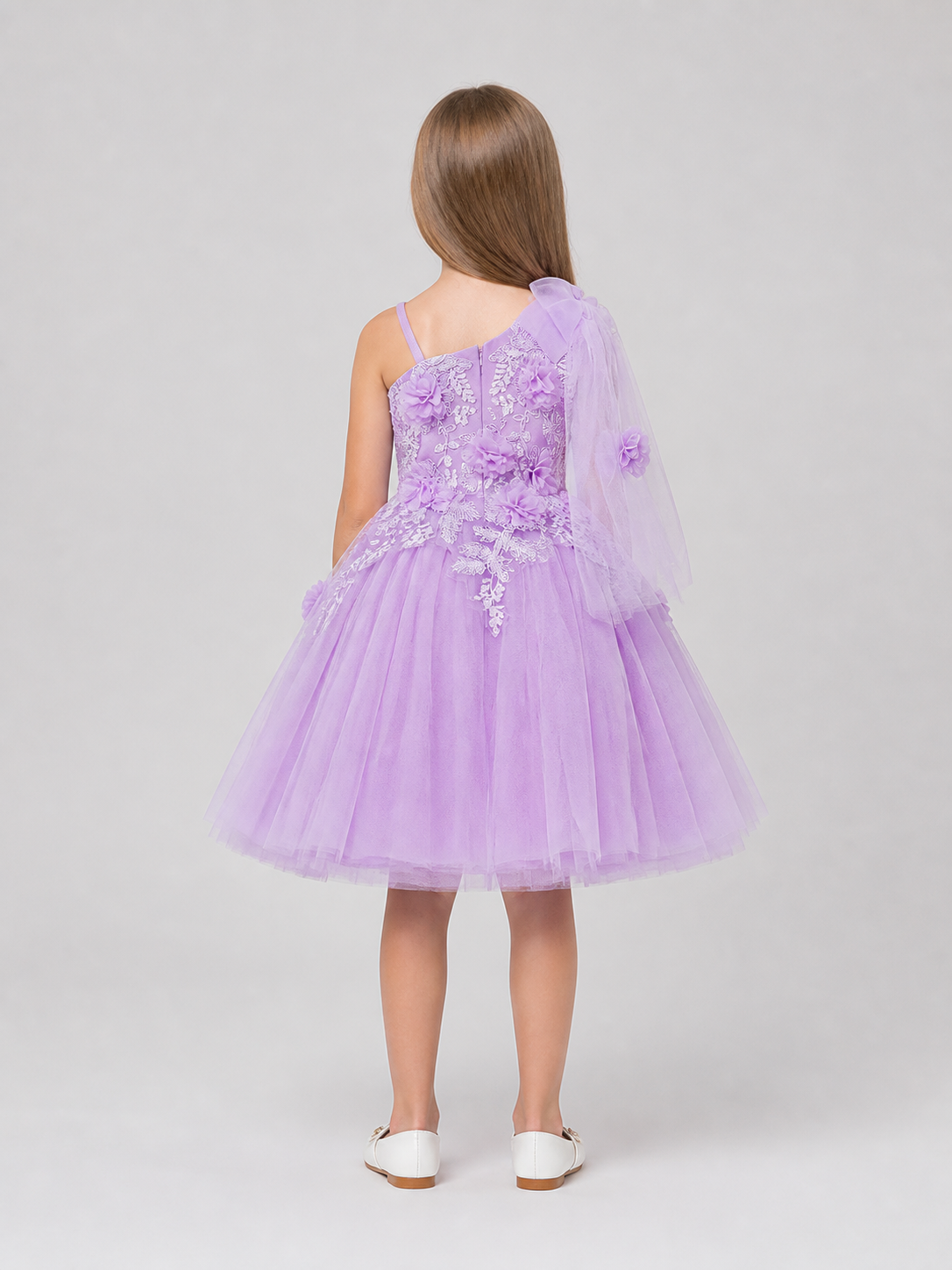 Girls' Tulle Tutu Dress with Embroidery and Flowers back view