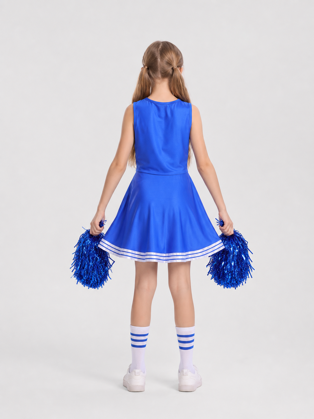 Children’s blue and white cheerleading costume with pom-poms back view