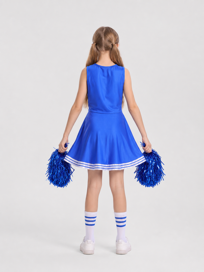 Children’s blue and white cheerleading costume with pom-poms back view