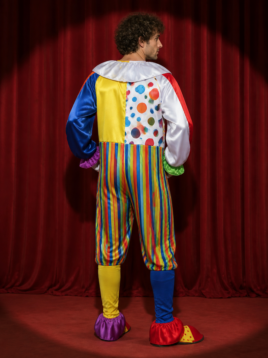 Adult Clown Costume Set - Multicolor Polka Dot Jumpsuit with Striped Pants and back view