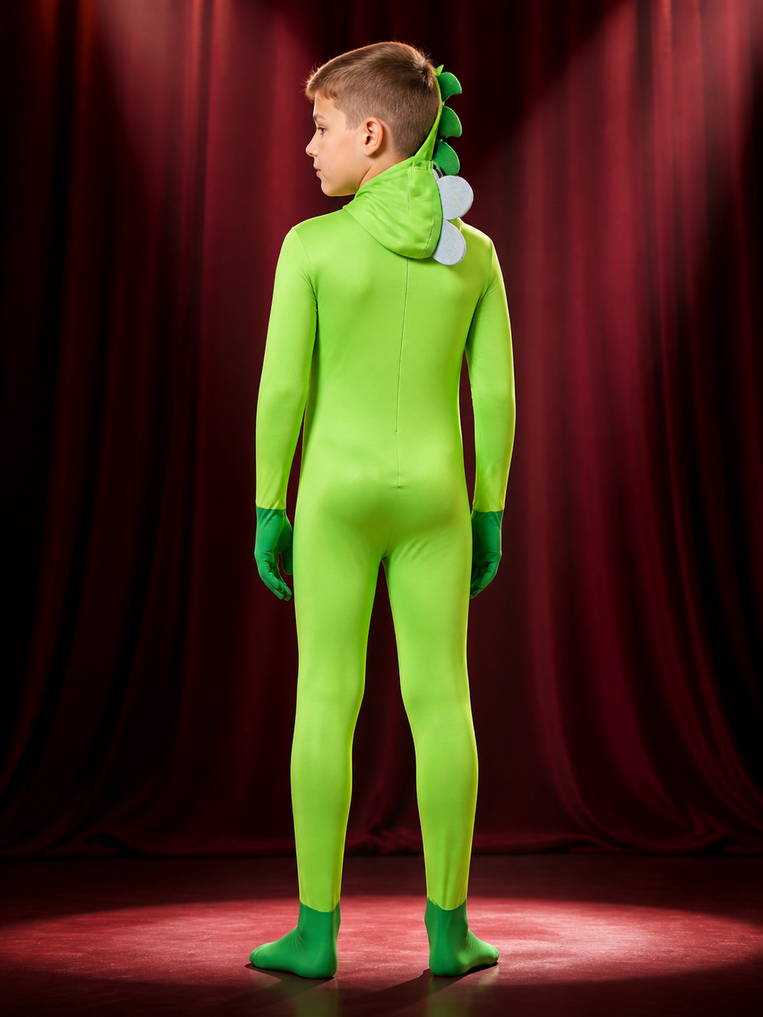 Unisex Green Rabbit Cosplay Bodysuit Costume with Lightning Print Hooded back view