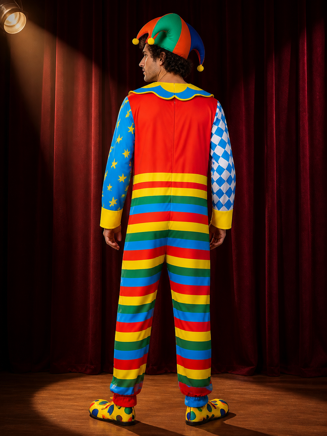 Unisex Halloween Joker Costume Jumpsuit with Hat, Multicolor Striped Clown back view