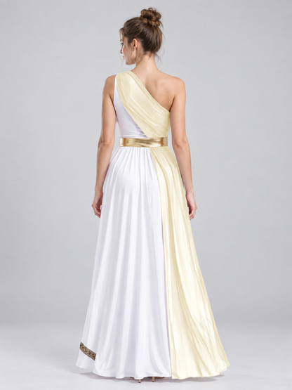Floor-Length One-Shoulder Dress with Drapery and Belt