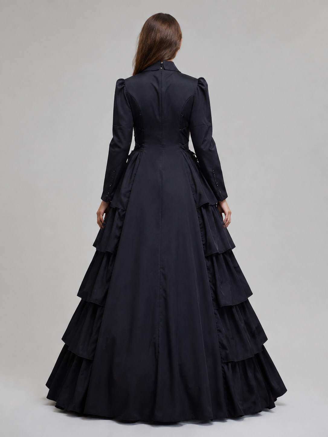 Long Black Victorian-Style Ruffled Dress back view