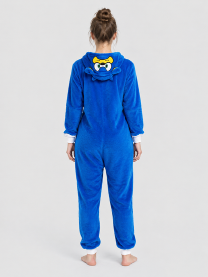 Blue Hooded Pajama Jumpsuit with Yellow Insert
