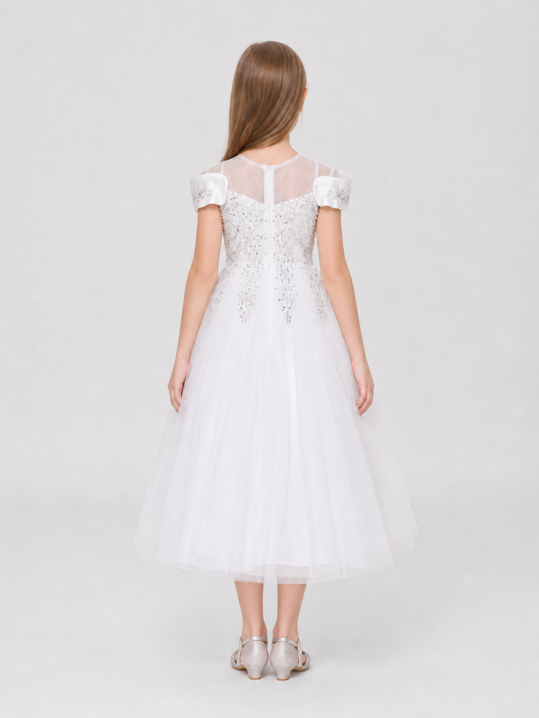 Girls' White Long Princess Dress with Sequins back view