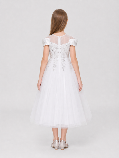 Girls' White Long Princess Dress with Sequins back view