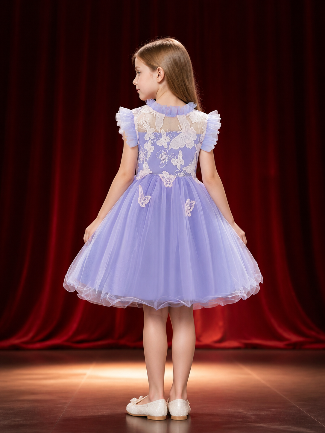 Baby Girls' Purple Princess Tutu Dress with Lace Bows and Layered Tulle Skirt back view