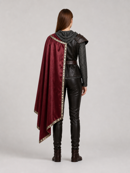 Burgundy velvet-look hooded costume cape product view 49