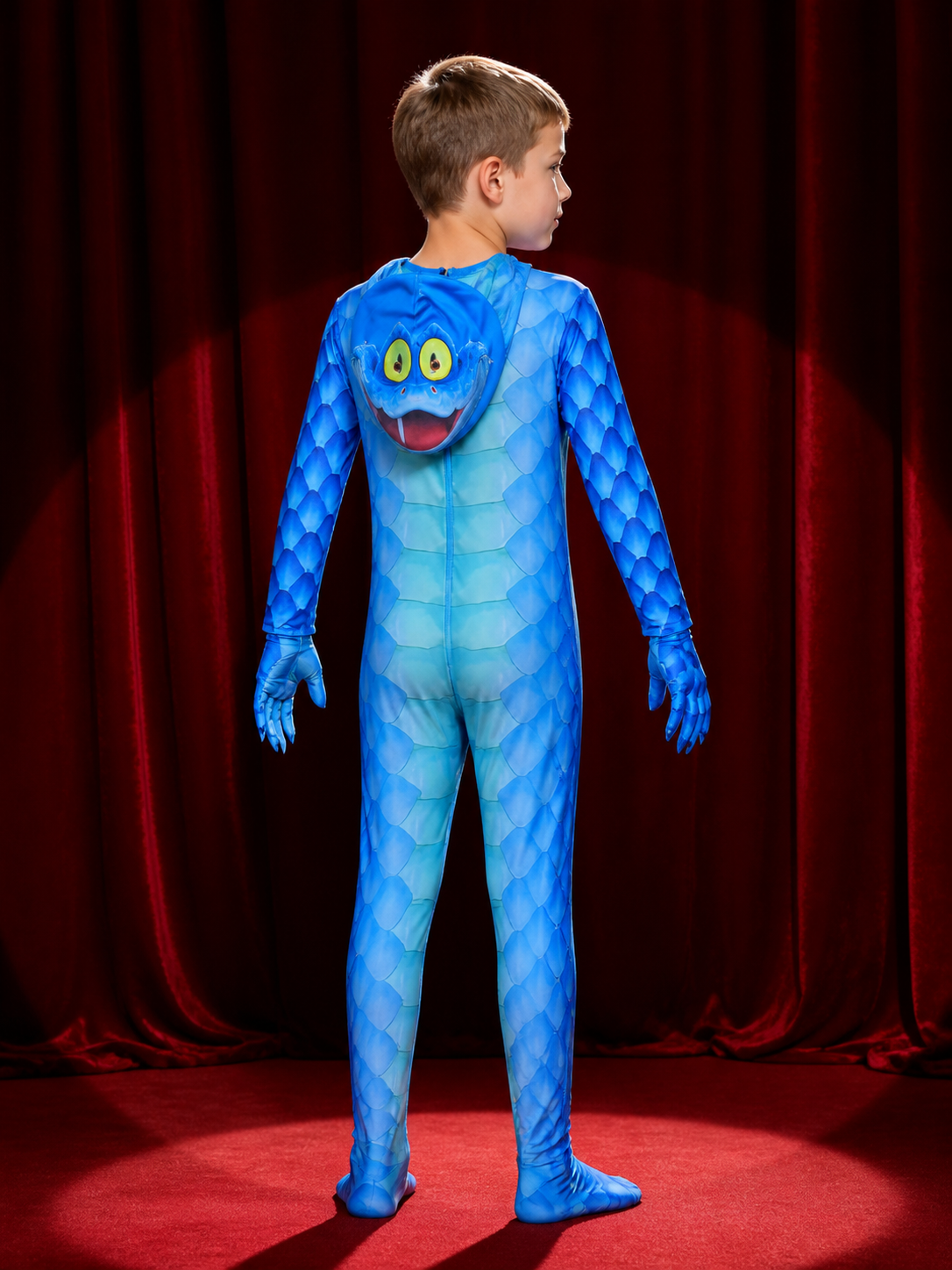 Kids' Gary Snake Costume, Blue Scaly Animal Jumpsuit with Headpiece & Gloves back view