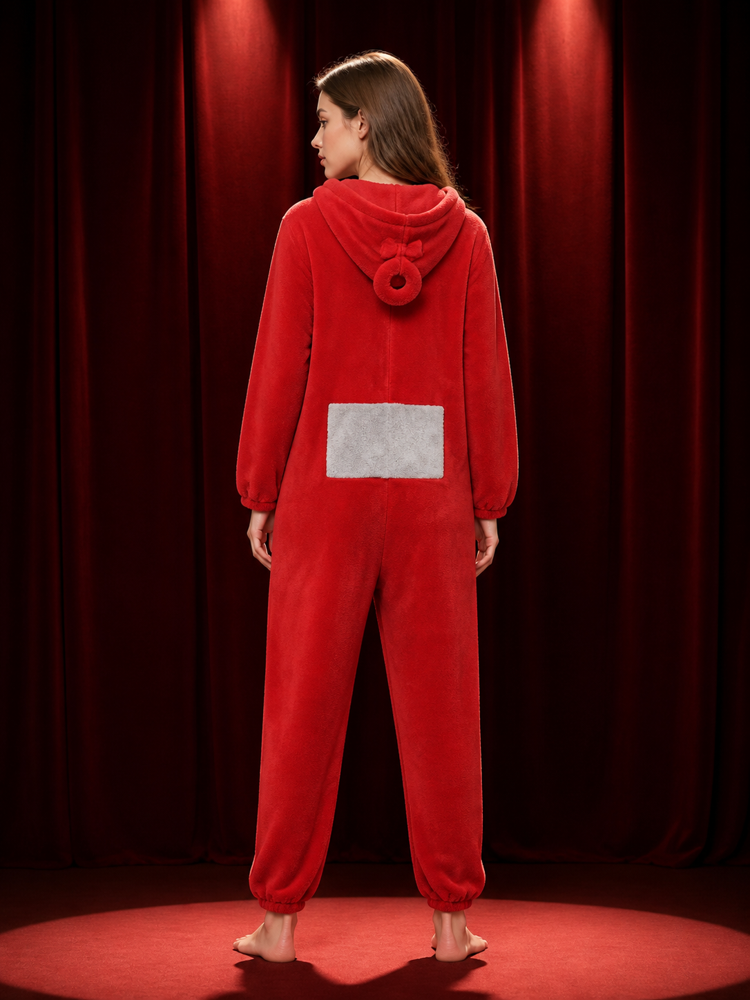 Adult Red Antenna Hooded Jumpsuit Costume with Gray Belly Patch, Funny Halloween back view