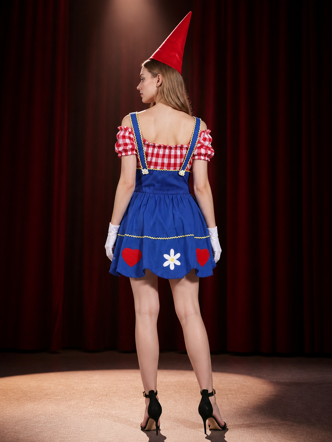 Women's Red & White Checkered Clown Dress with Blue Puffy Skirt, Hat & Gloves back view