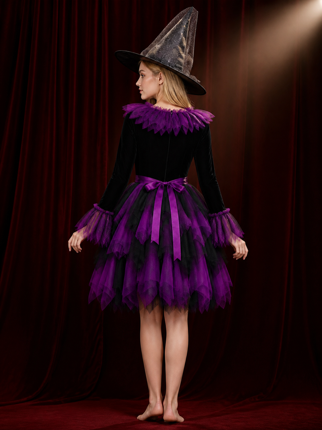 Adult & Kids Witch Costume Dress, Long Sleeve Layered Tulle Purple & Black
