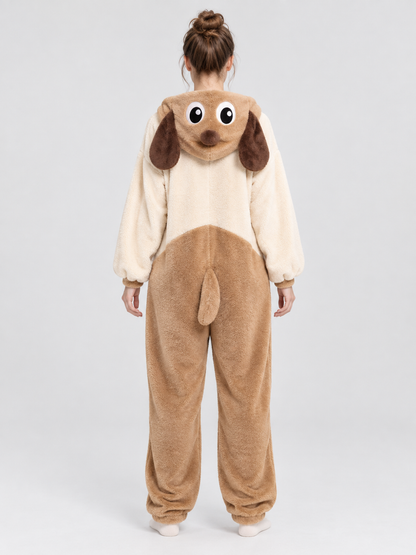 Loungewear jumpsuit with a hood, ears, and tail