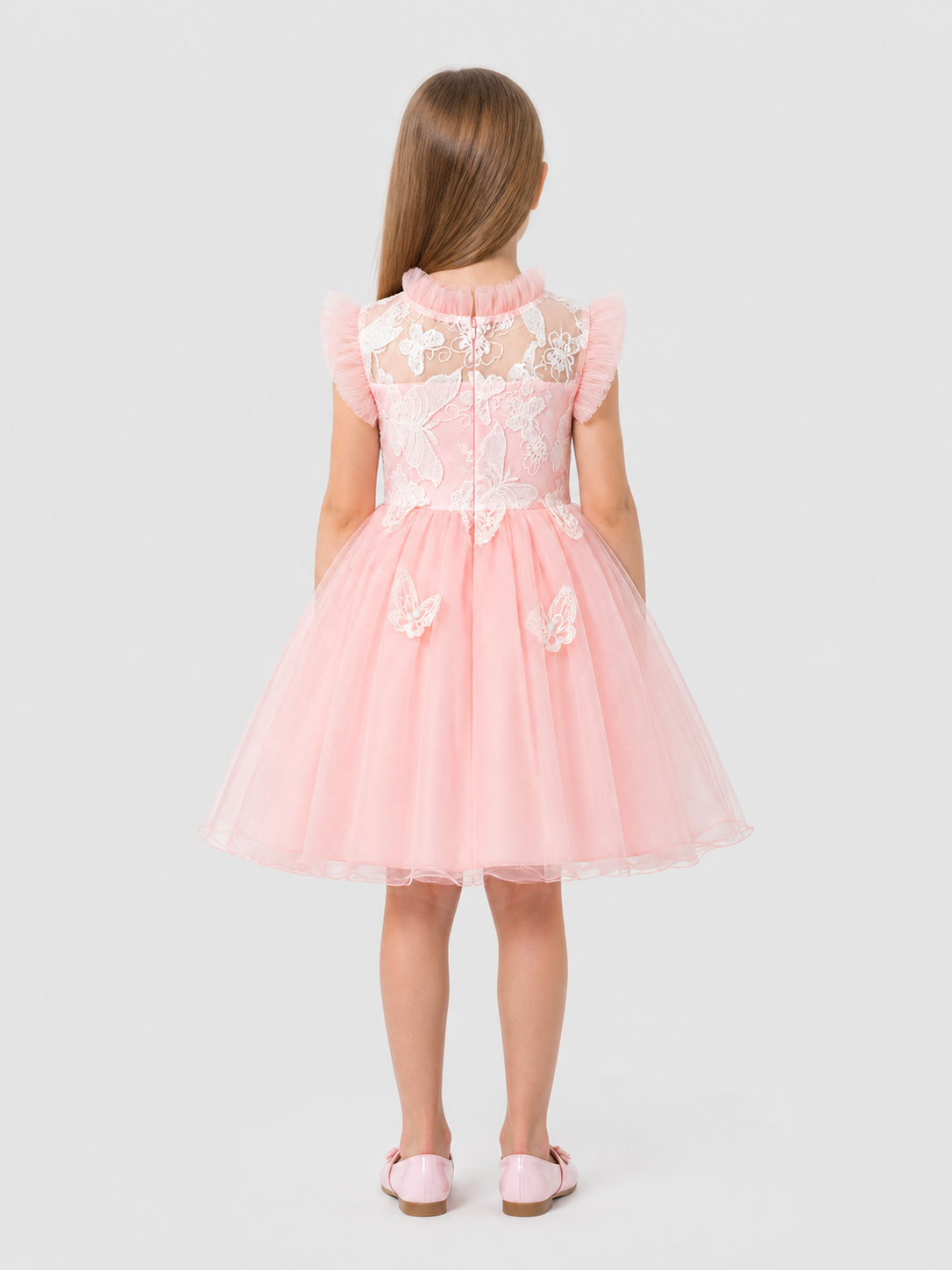 Festive Girls' Dress with a Full Skirt and Butterflies back view