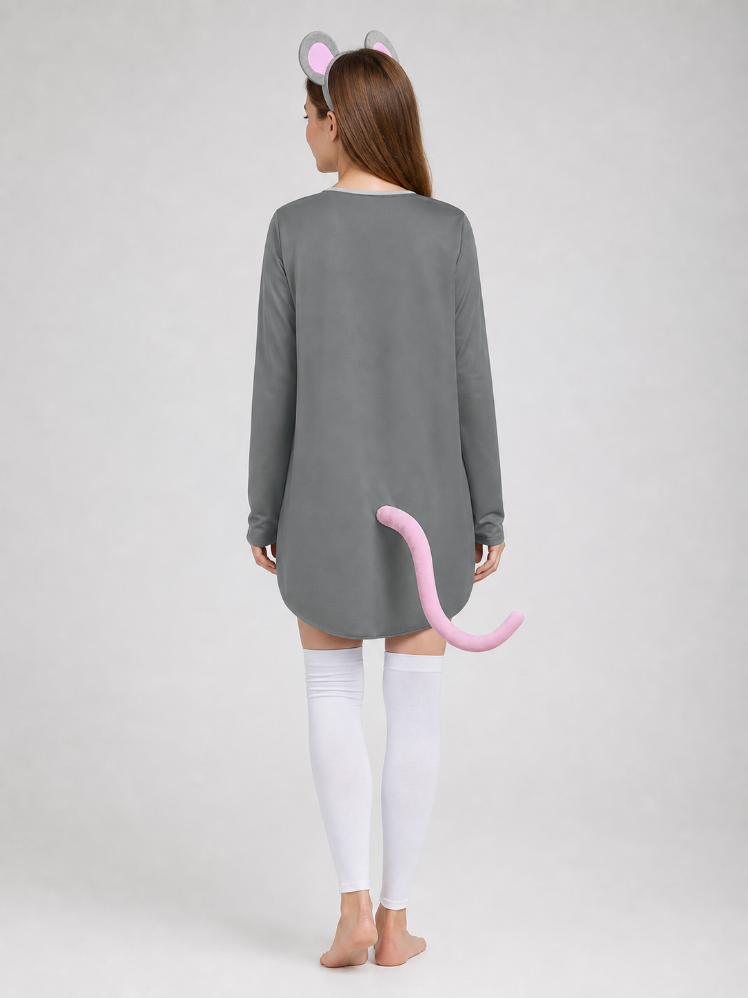 Adult Gray Mouse Costume Set with White Belly, Pink Tail and Mouse-Ear Headband for Costume Parties, Cosplay and Themed Events