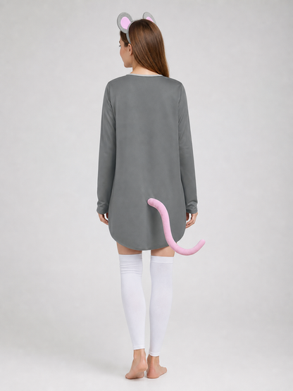 Adult Gray Mouse Costume Set with White Belly, Pink Tail and Mouse-Ear Headband for Costume Parties, Cosplay and Themed Events