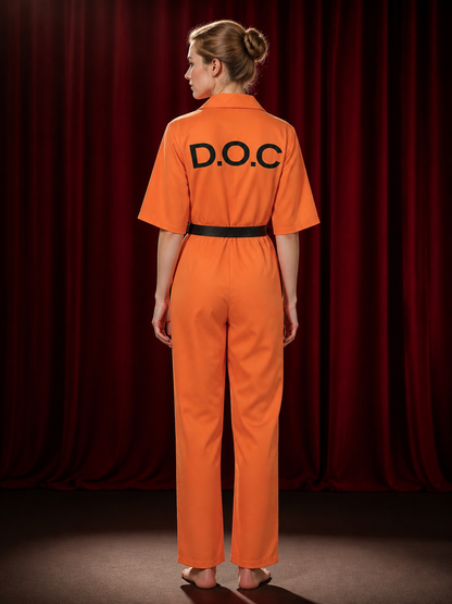 Plus Size Orange Prisoner Jumpsuit Costume with Belt, Short Sleeves and DOC back view